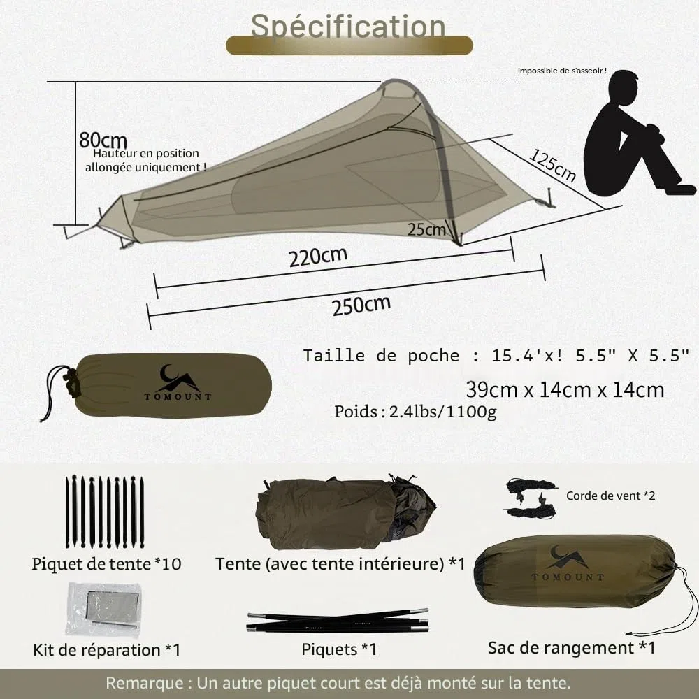 TOMOUNT Bivy Tente en nylon ultra légère pour 1 personne Sac de bivouac étanche Petit encombrement Tente de trekking pour une personne pour trekking, camping, extérieur, escalade avec sac à dos