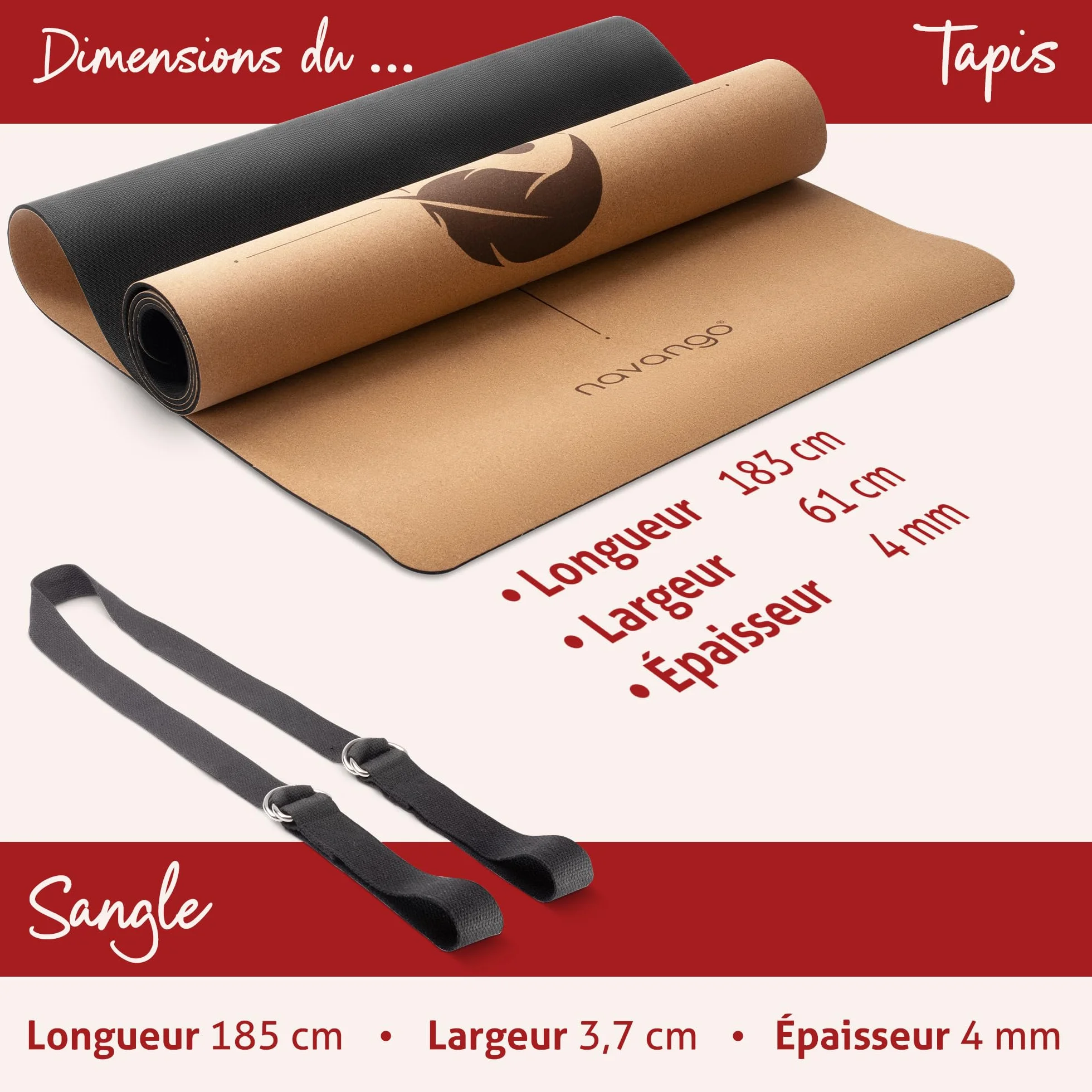 Tapis de Yoga en Liège Naturel Antidérapant 183x61cm 4mm avec Sangle de Transport Lignes d’Alignement