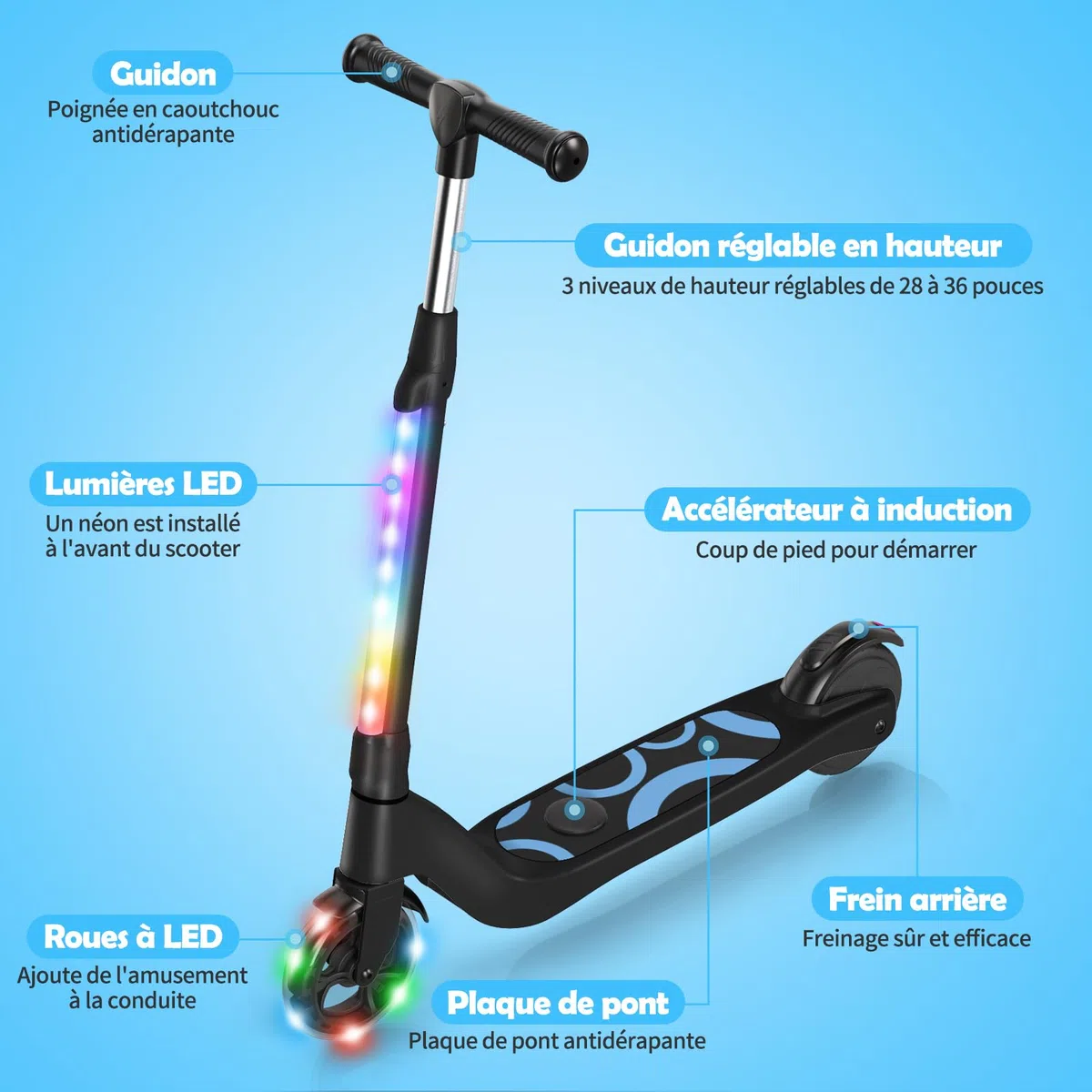 SISIGAD Trotinette Electrique Enfant 6-8-10-12 Ans Electric Scooter Enfant 5.3 Pouces avec Lumière LED Colorée & 3 Hauteurs Ajustables, Scooter Électrique Enfant Charge Max 70 Kg, Vitesse Max 10 Km/h