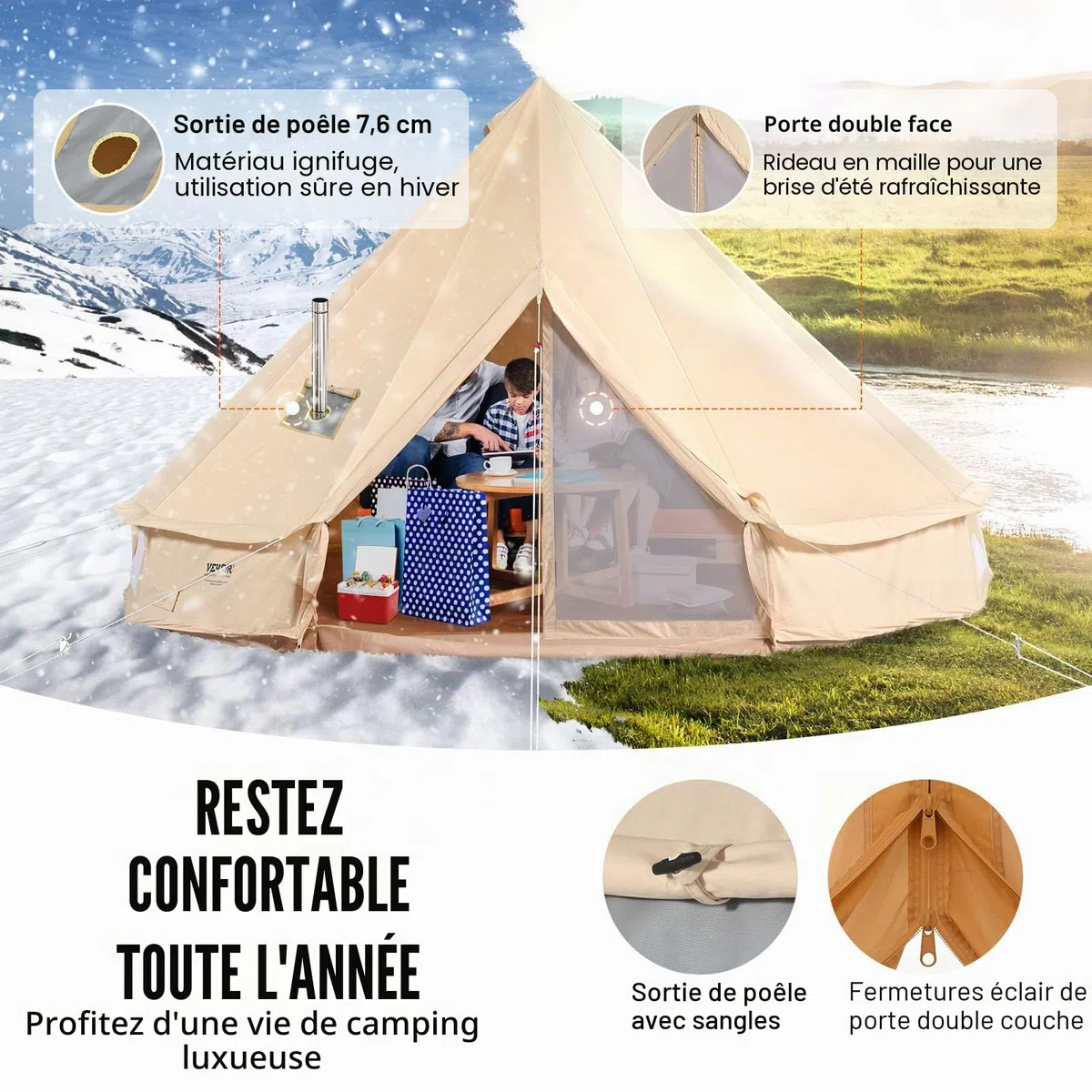 VEVOR Tente Cloche en Toile Tente de Yourte 4 Saisons Tente de Camping Familial avec Trou de Poêle à Bois, Sacs de Rangement pour Glamping, Groupes en Plein Air, Fête, Chasse
