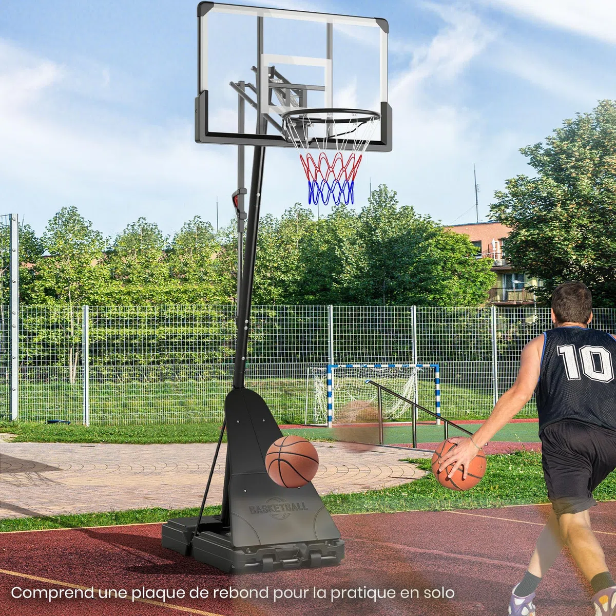 GYMAX Panier de Basketball Extérieur et Intérieur Mobile, Hauteur Ajustable 150-305cm sur 10 Niveaux, Base Remplissable d'eau et de Sable, Structure Stable Triangulaire, pour Enfants et Adultes