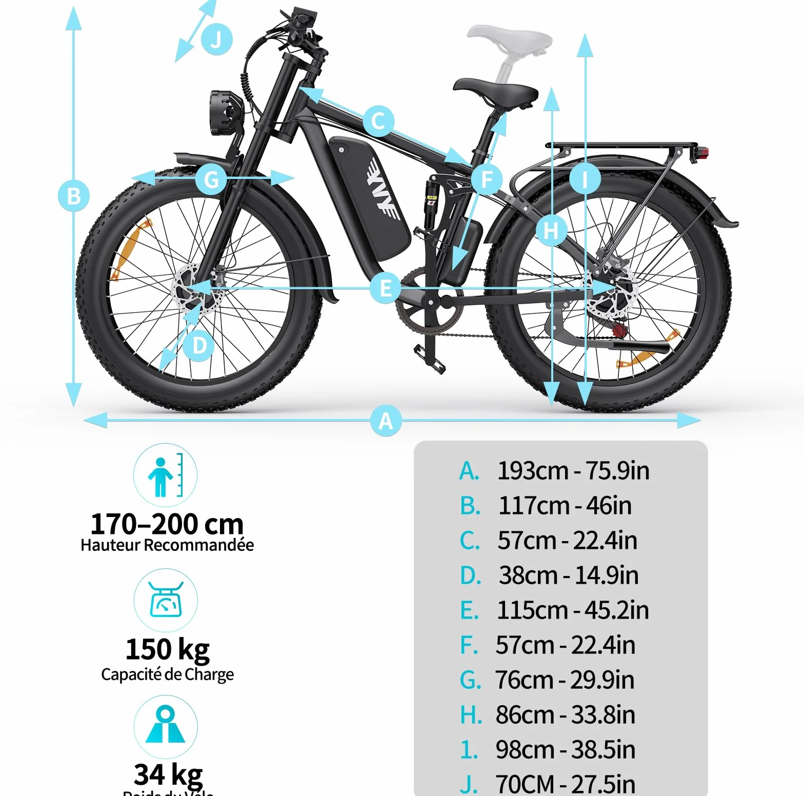 YVY C26 Pro Vélo Électrique, Autonomie 120km, Batterie Amovible 48V 23Ah, Double Moteur 180Nm, Fat Bike Électrique, VTT Électrique 7 Vitesses, E-Bike Double Suspension, Double Disque, Écran LCD