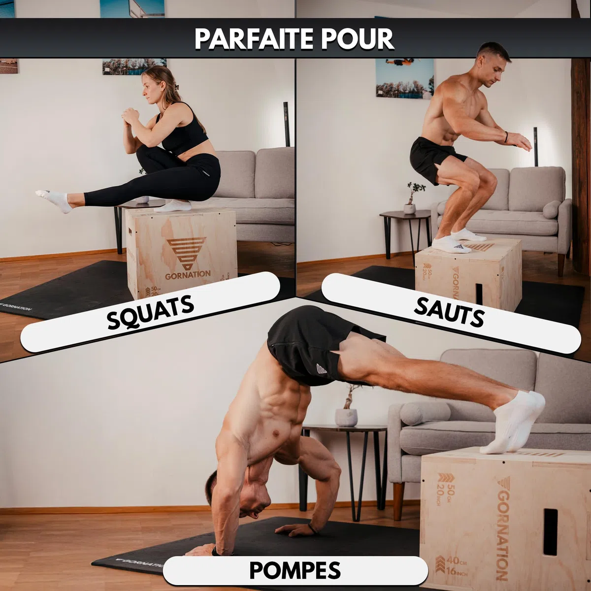 GORNATION Boxe Plyométrique en Bois 3-en-1 – Boîte de Saut Jump Box pour Crossfit, Calisthenics & Home Gym, Plateforme d’Entraînement Fonctionnel à Domicile ou Extérieur