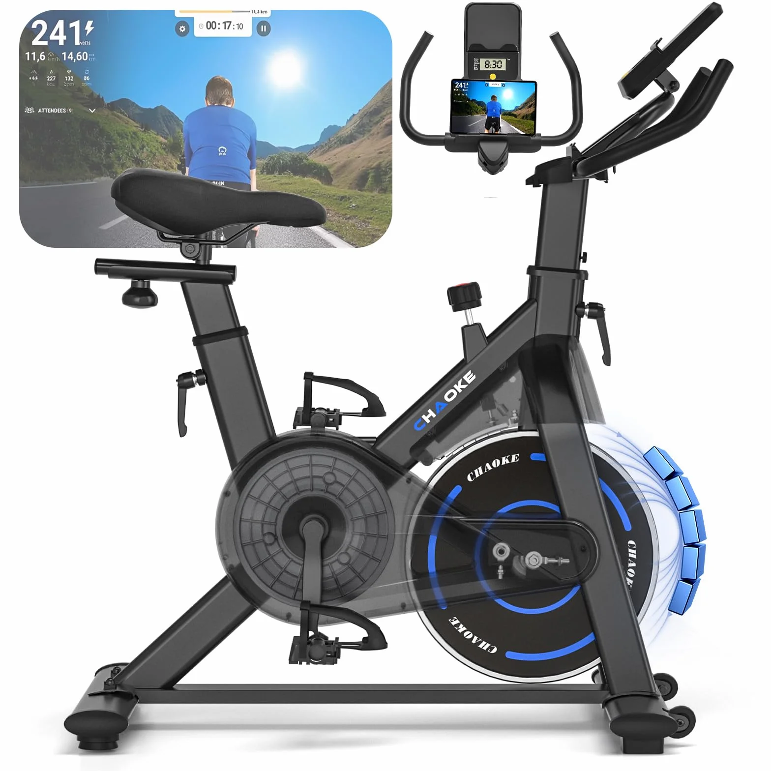 CHAOKE Vélo d'appartement Silencieux Résistance Magnétique Réglable App écran LCD Capacité 150KG