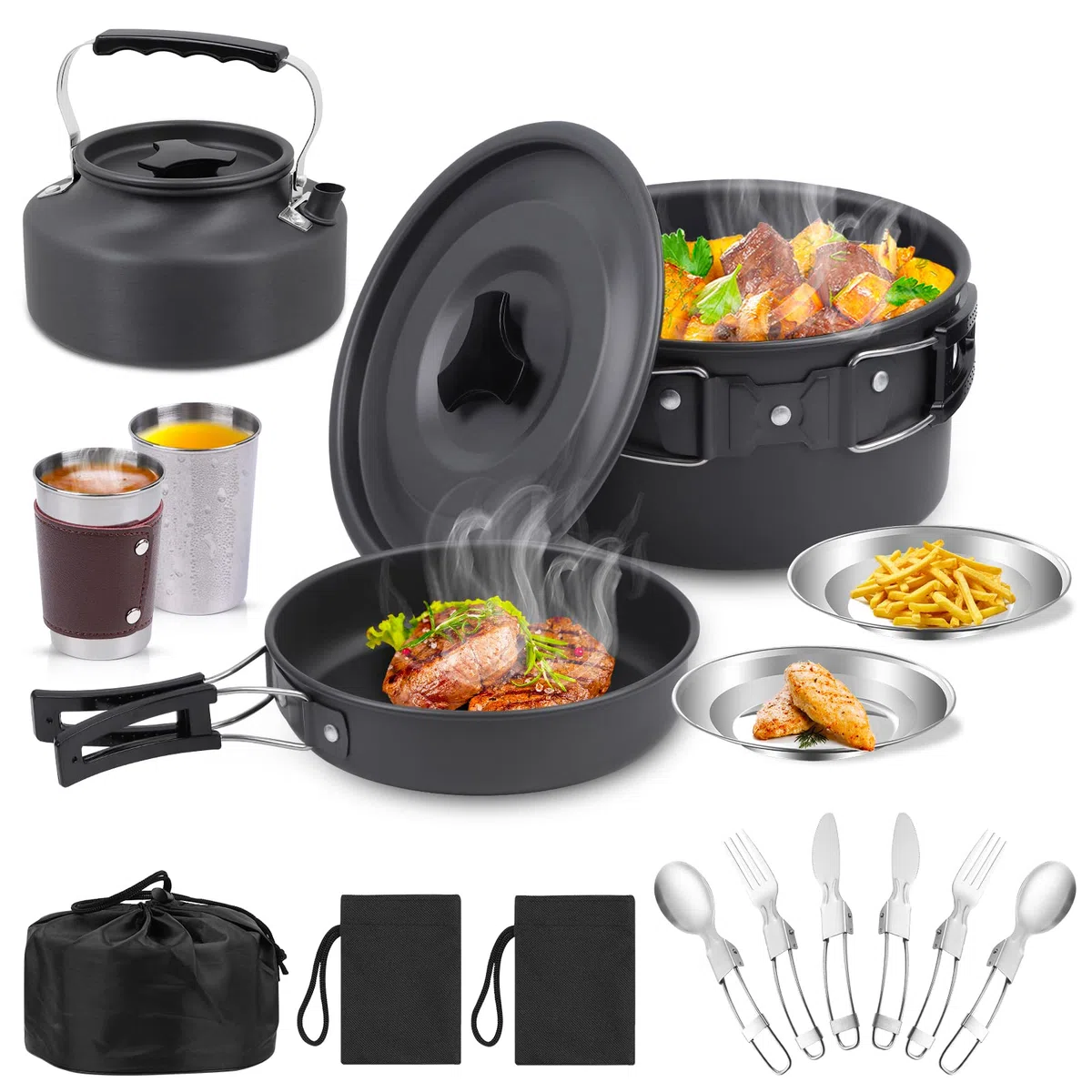 Kit de Casseroles Camping,Multi-PCS,Camping Poêlé en Aluminium Durable,Portable 2-3 Personnes Casseroles Camping Set avec Assiette Bol Ustensiles de Cuisine pour Pêche,Outdoor,Randonnée