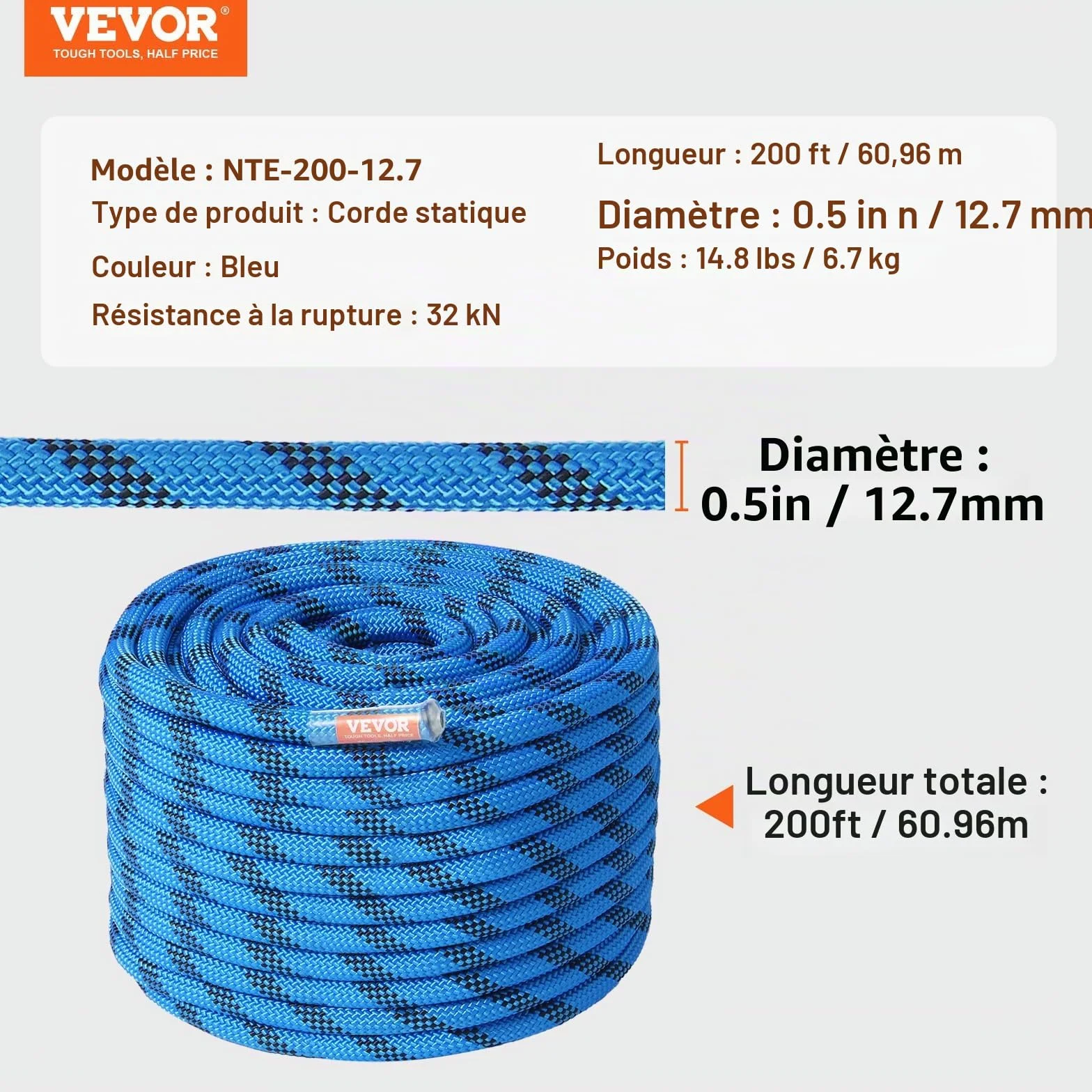 VEVOR Corde d'escalade Statique 12,7 mm 60,96 m 32 KN, Corde de Sécurité Extérieure, Bleu