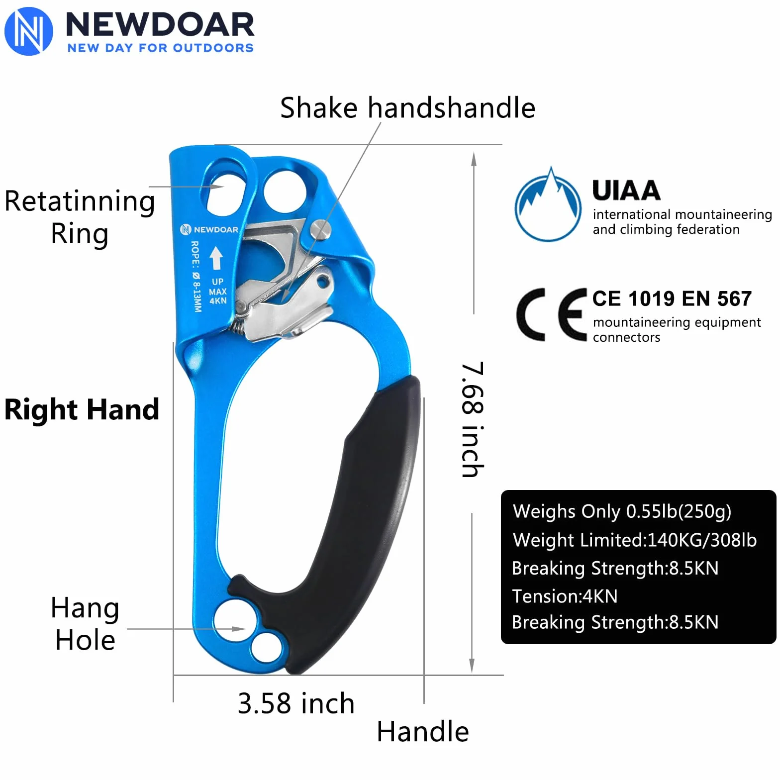NewDoar UIAA & CE Certifié Main Ascendeur Bloqueur Poignée Ergonomique Escalade Arbre Arboriste Rappel Gear Équipement Corde Pince pour 8~13 MM Corde-Orange Gauche et Bleu Droit