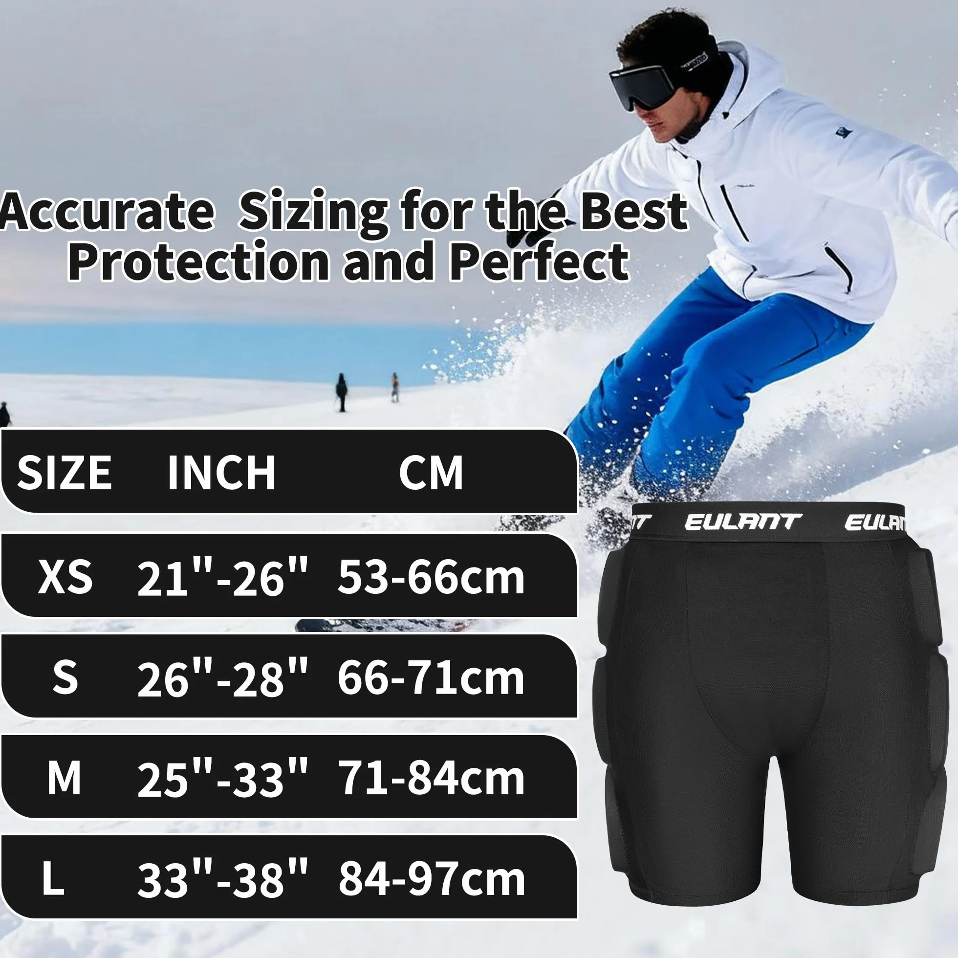 EULANT Short de Protection Rembourré pour Snowboard/Ski/Patinage sur Glace/Ski à roulettes/Vélos/Skate, Protection Hip Pad, Coussinets de Protection 3D pour Hanche / Cul / Coccyx