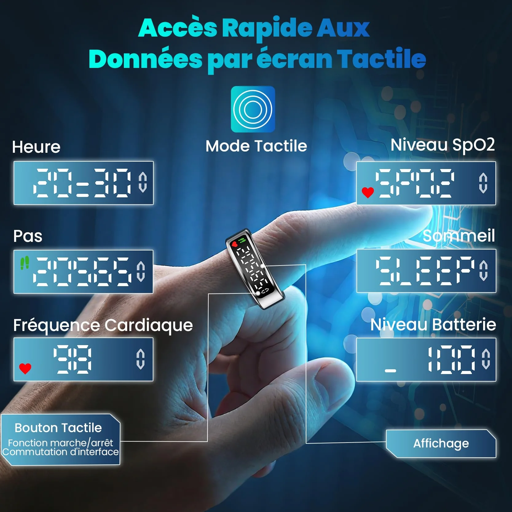 Smart Ring Homme Femme avec Écran LED, IP68, Trackers d'Activité Santé Fitness, Argenté 13