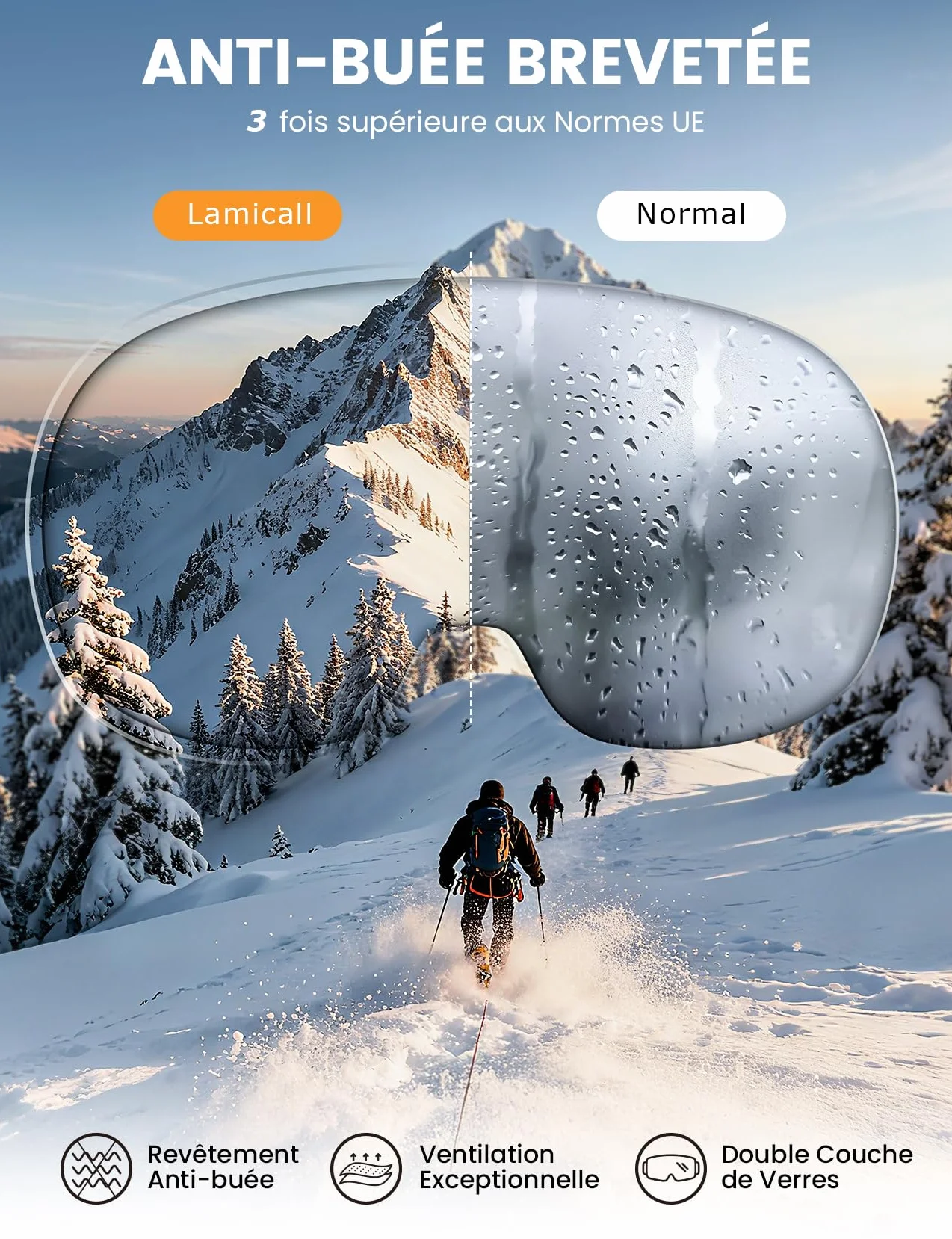 Lamicall Lunettes de Ski Homme, Masque Ski OTG - [Ultra HD Verre Sphérique & Anti-Buée Breveté] Lunettes de Snowboard, UV400 Protection, Vision Plus Large, Ski Goggles Femme pour Sports Hiver