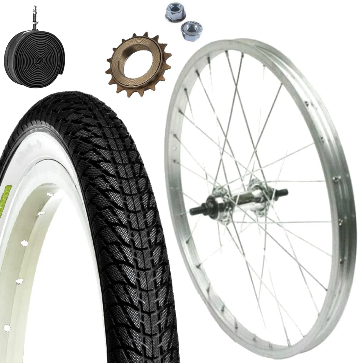 1 jante arrière 20 x 1,75 + pignon 16 dents + pneu blanc noir + chambre à air | pour vélo Graziella Epoca 20"