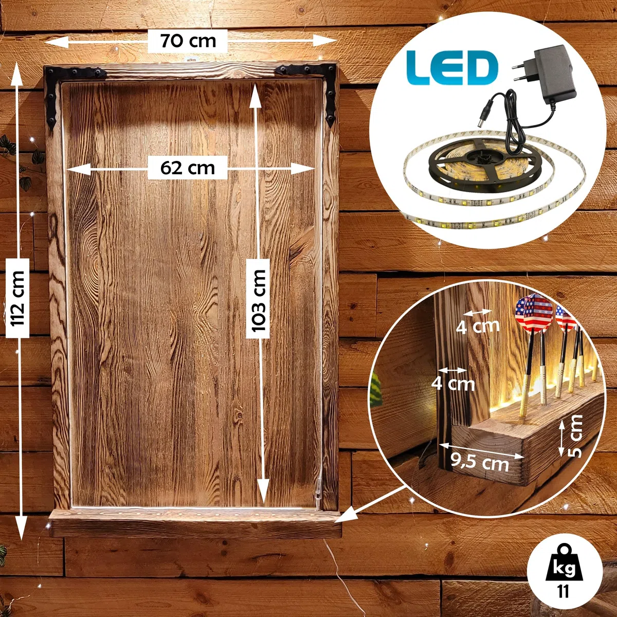 WEECO Jeu de fléchettes complet – Cible de fléchettes, 12 fléchettes et un couvercle mural en bois avec éclairage LED intégré contrôlé par télécommande et alimenté par une prise secteur. Flam