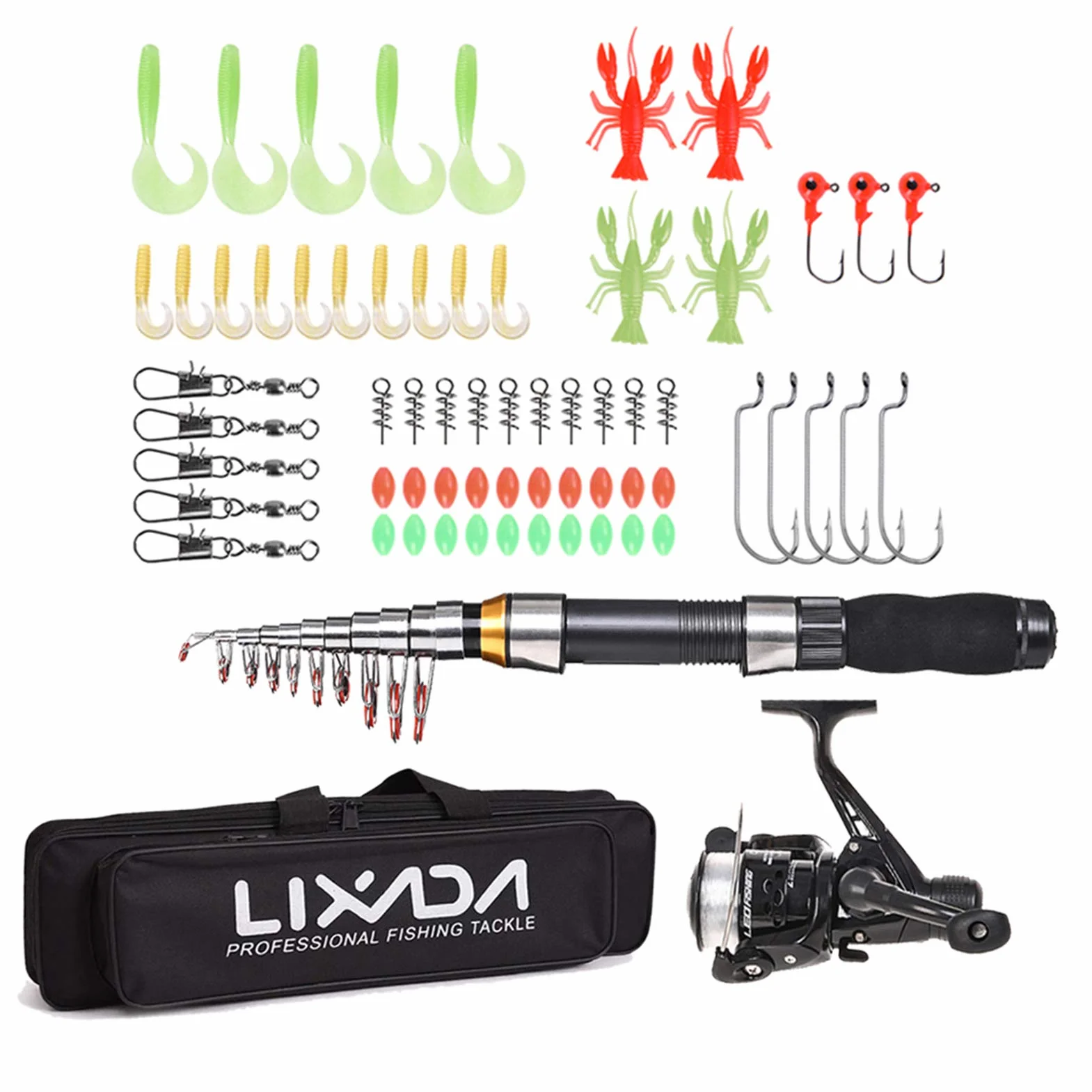 LIXADA Set Canne à Pêche Télescopique Canne à Pêche Set avec 2,1/2,3 m Cannes à Pêche Télescopiques Moulinets de Pêche Leurres & Ligne & Crochets & Flotteurs, Kit de Canne à Pêche