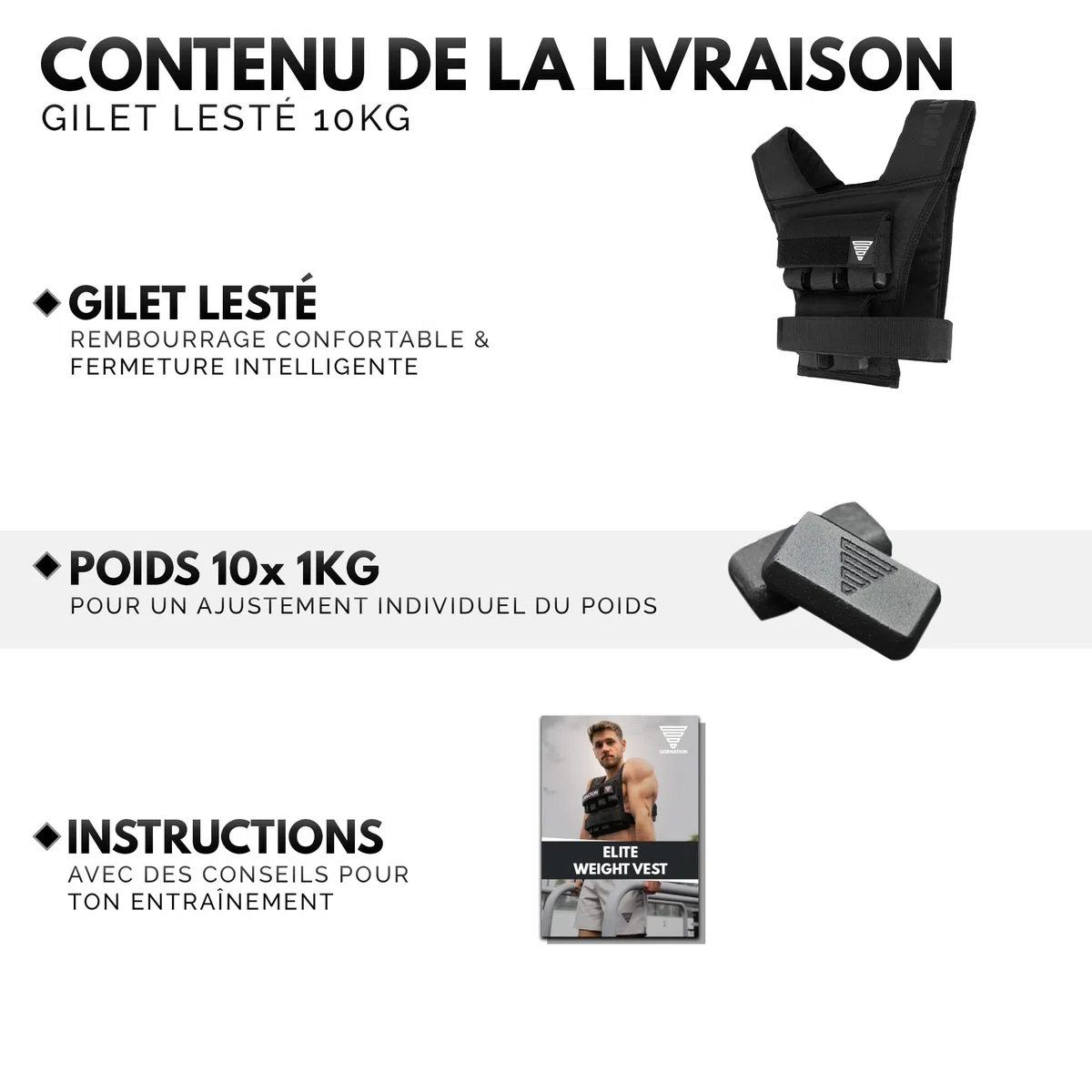 GORNATION Gilet Lesté 10 Kg/20 Kg Ajustable, Veste Lestée avec Poids Amovibles pour Calithenics, Musculation, Fitness et Street Workout, Weighted Vest de Sport pour Hommes et Femmes