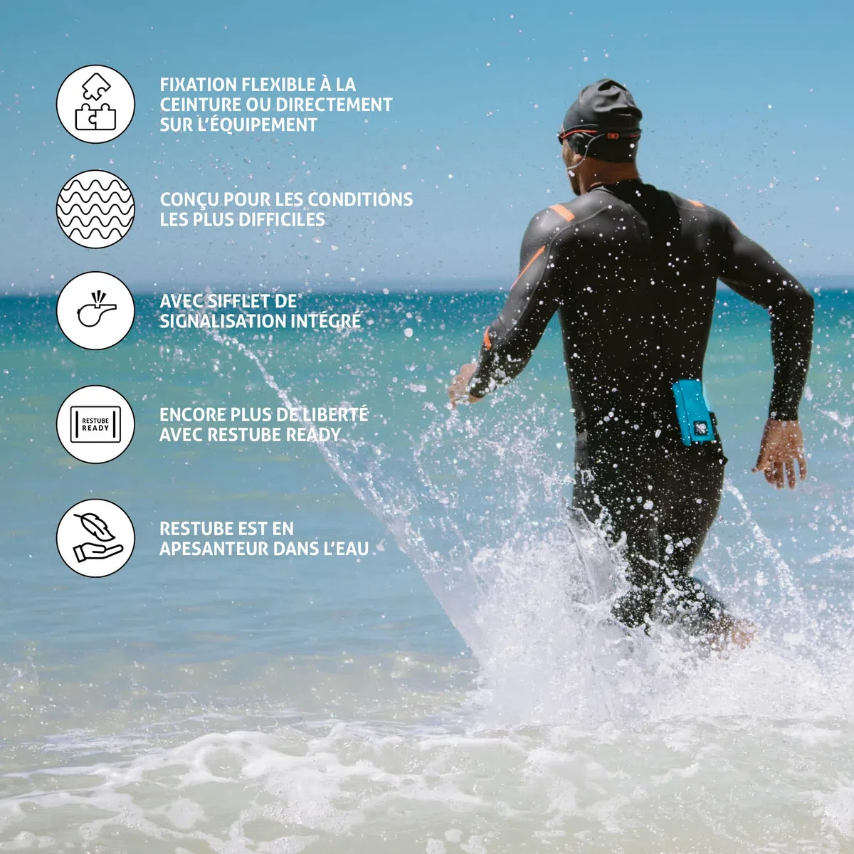 Restube Active Bouée de Sécurité Gonflable pour Nage en Eau Libre - Flotteur Adulte et Enfant - Bouée Tractée à Gonflage Automatique avec Sifflet