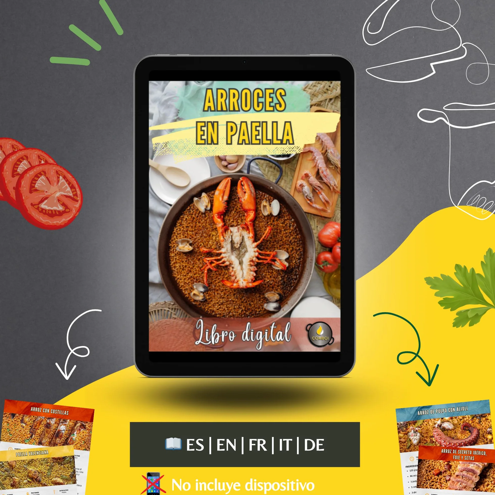 COMBOI Réchaud à paella à gaz butane de 70 cm, brûleur à 3 poignées indépendantes pour l'extérieur, compatible avec gaz butane et propane, fabriqué en Espagne, inclut un livre de recettes numérique