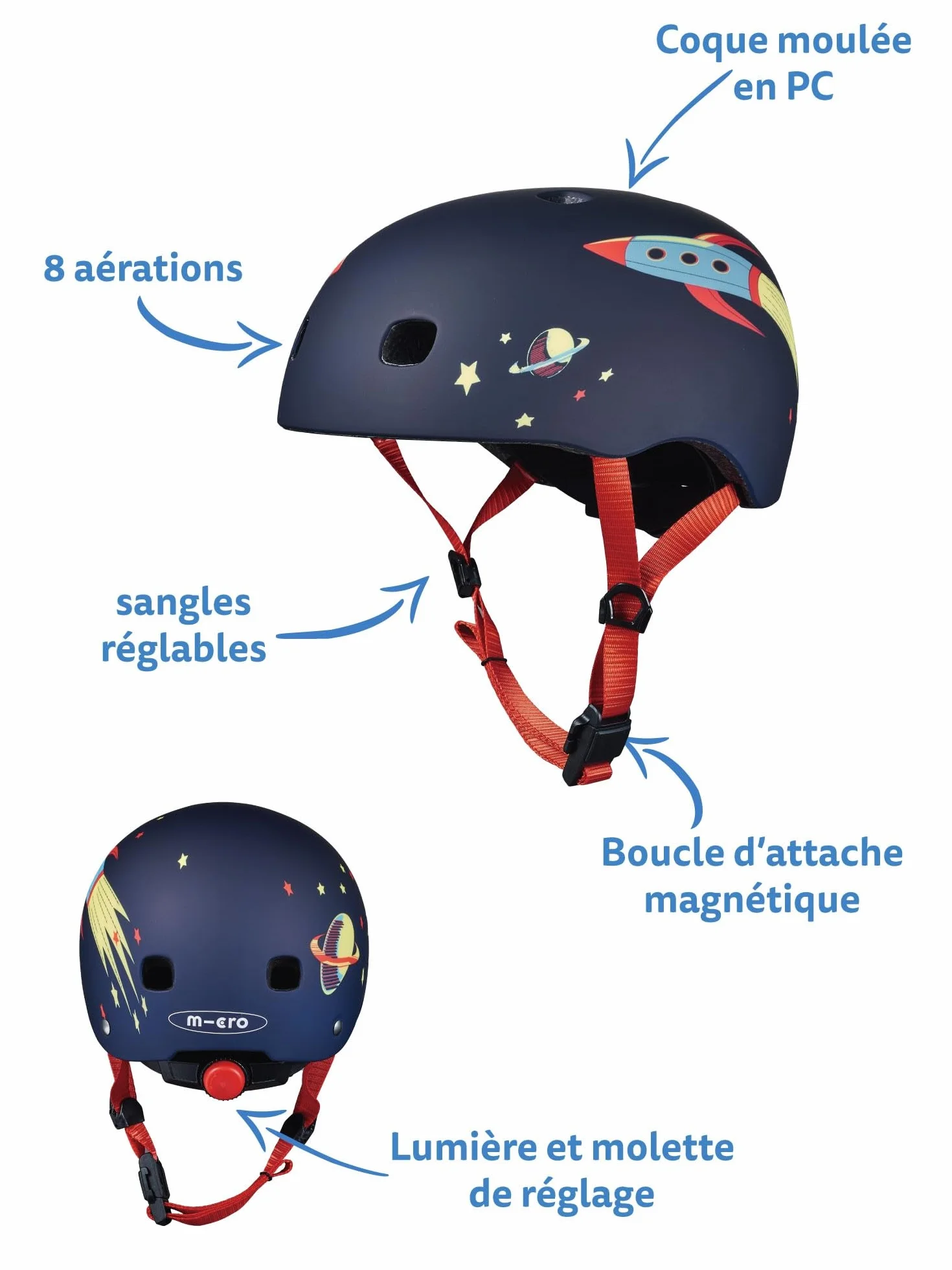 Micro | Casque Rocket | Enfants | Finition Mate | Boucle Magnétique/Lumière LED intégrée | 2-5 Ans