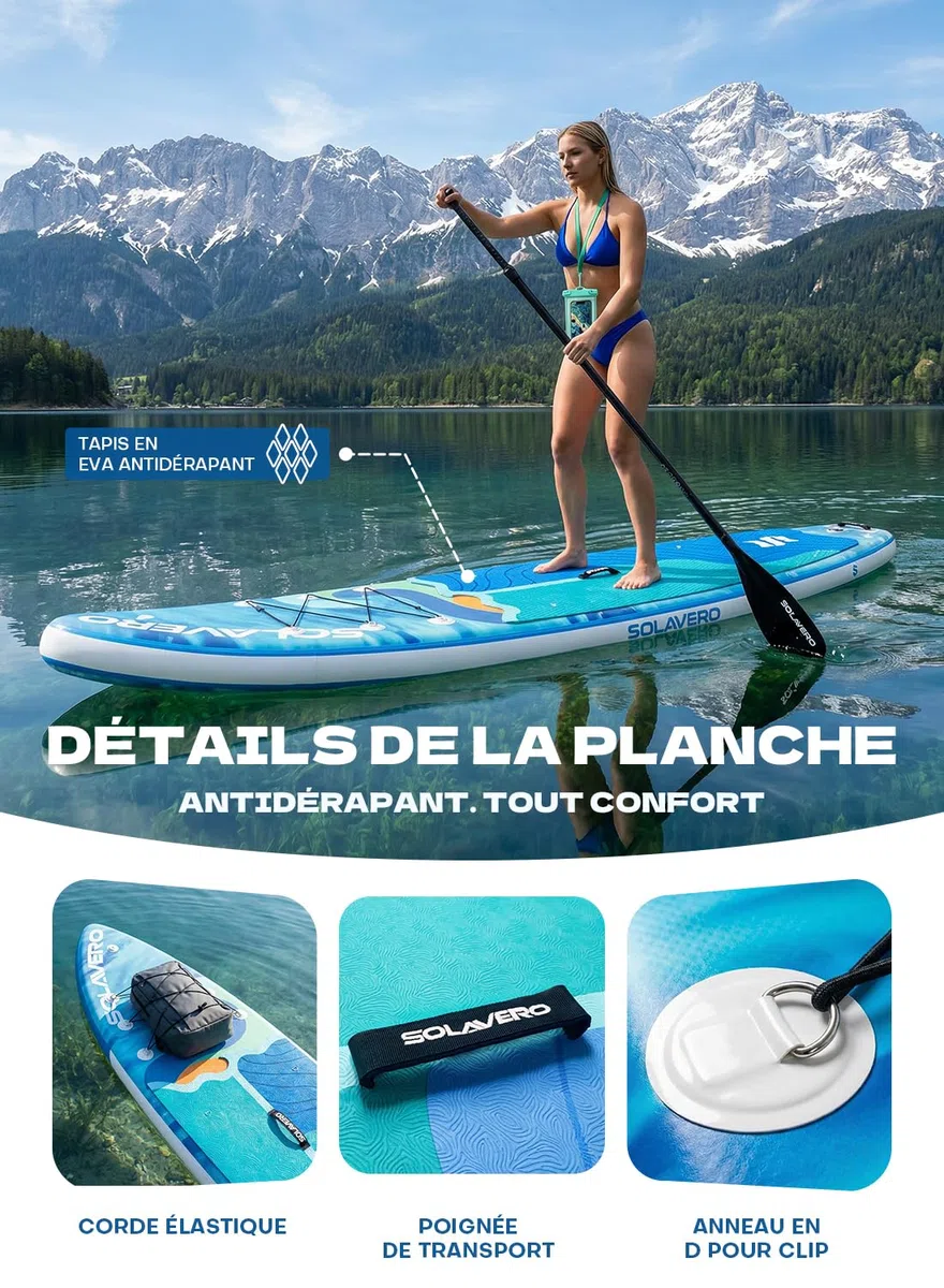 SOLAVERO Paddle Gonflable Adulte, 335 x 83 x 15 cm Stand Up Paddle avec Pont EVA Antidérapant, Pagaie Réglable, 3 Aileron, pour Tous Les Niveaux de Compétence, Jusqu'à 200 kg