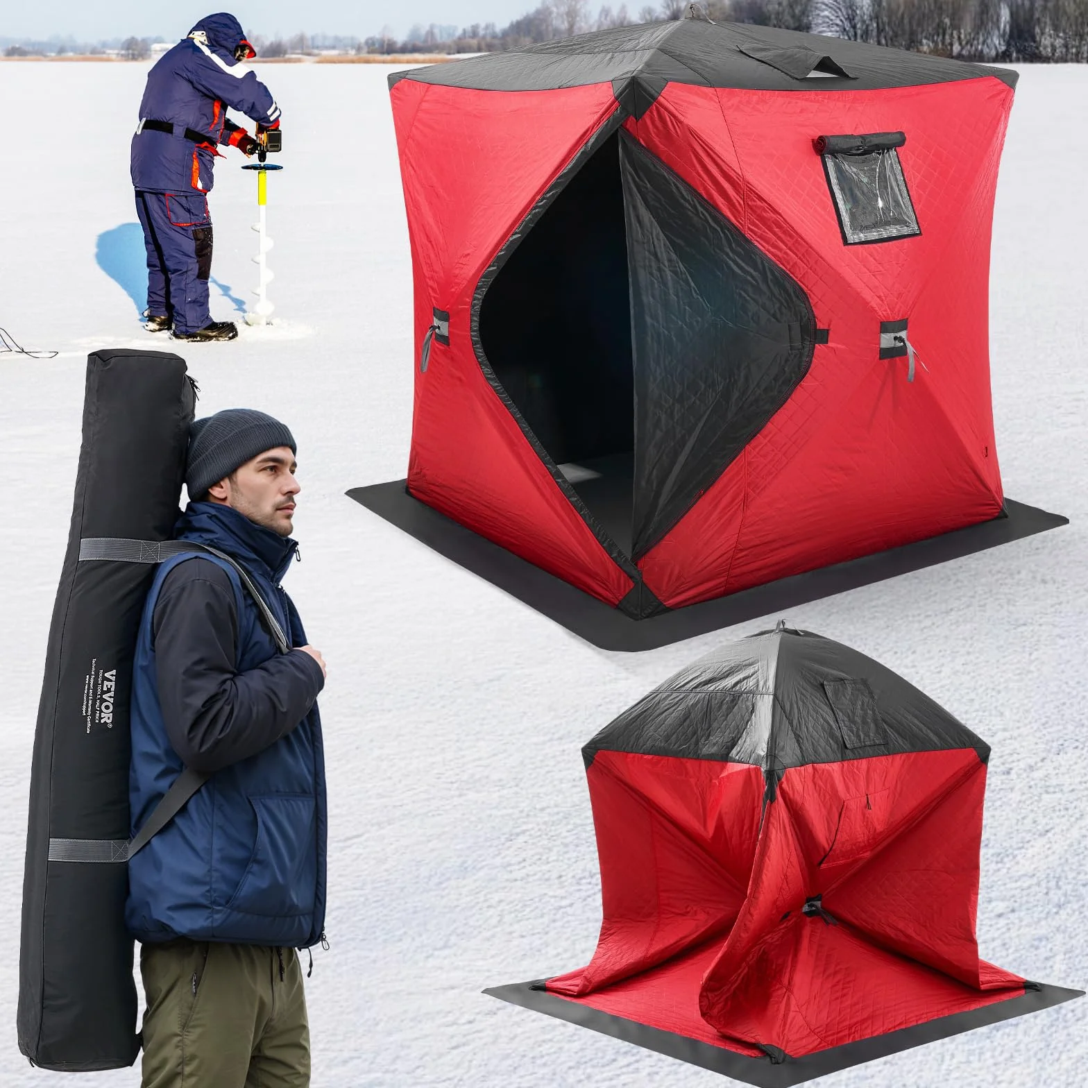 VEVOR Abri de Pêche sur Glace 1,8x1,8x2 m Tente Escamotable Portable Isolant Thermique Tissu Oxford