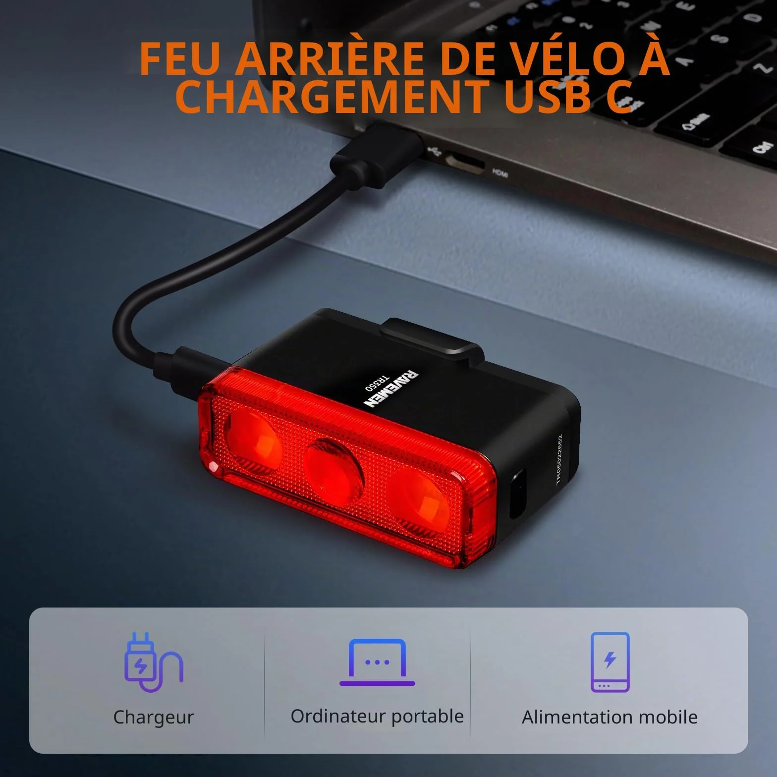 RAVEMEN TR350 Feu Arrière de Vélo, Feu de freinage 350 lumens pour vélo arrière Visible de Jour et de Nuit pour l'équitation Urbaine 6 Modes USB-C Rechargeable