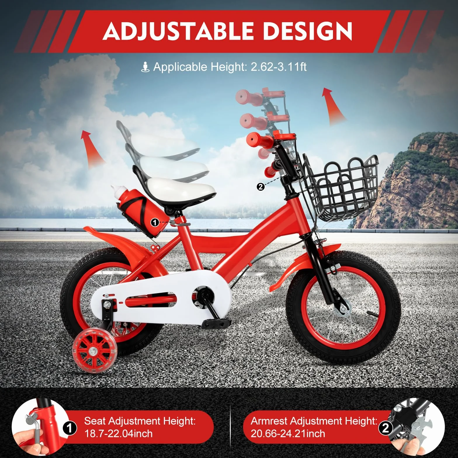 Vélo enfant 12 pouces avec roues stabilisatrices réglable hauteur rouge 2-4 ans